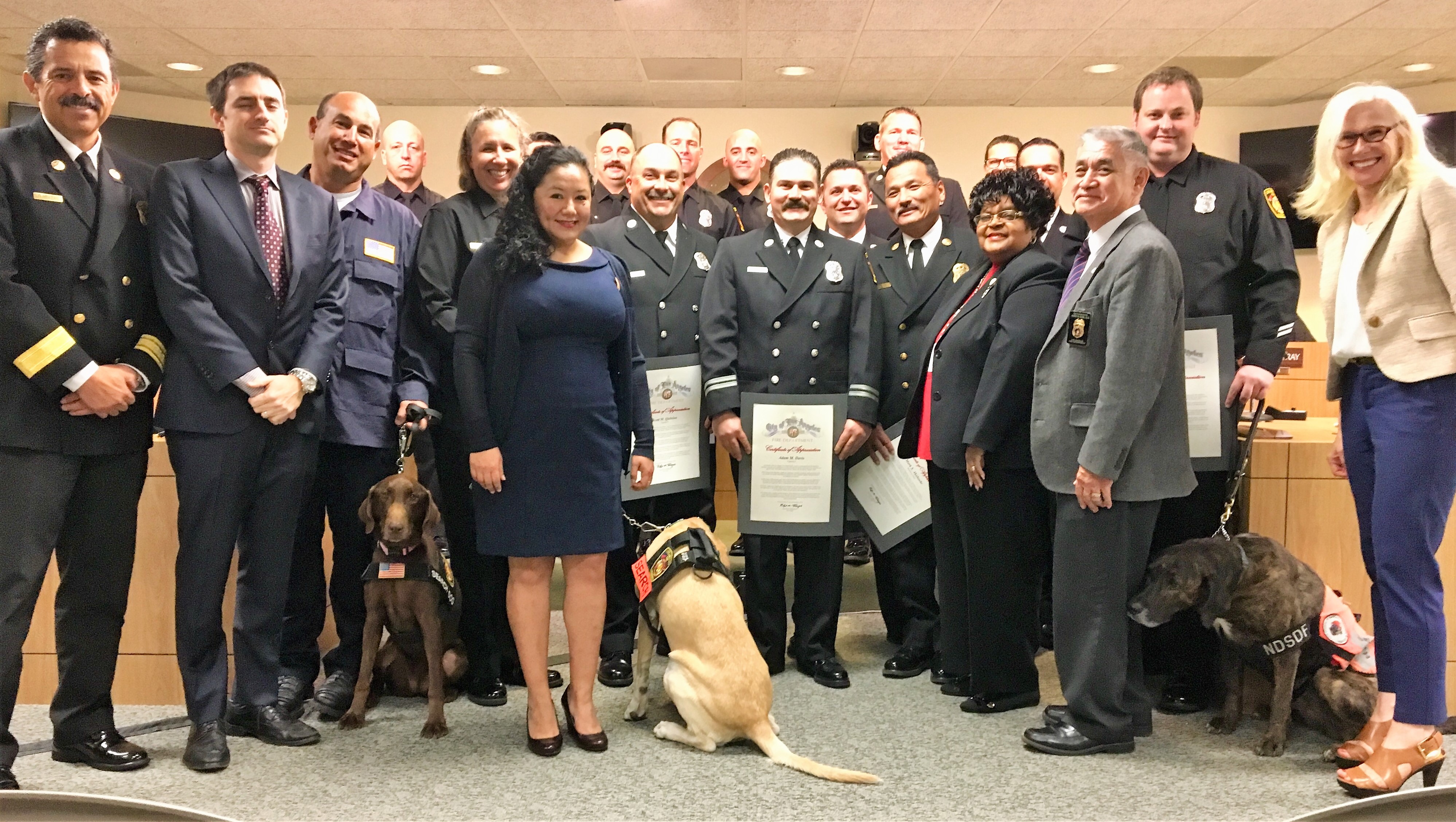 uniformed members of the LAFD stand in front of LAFD Board of Fire Commissioners for a photo after being recognized.