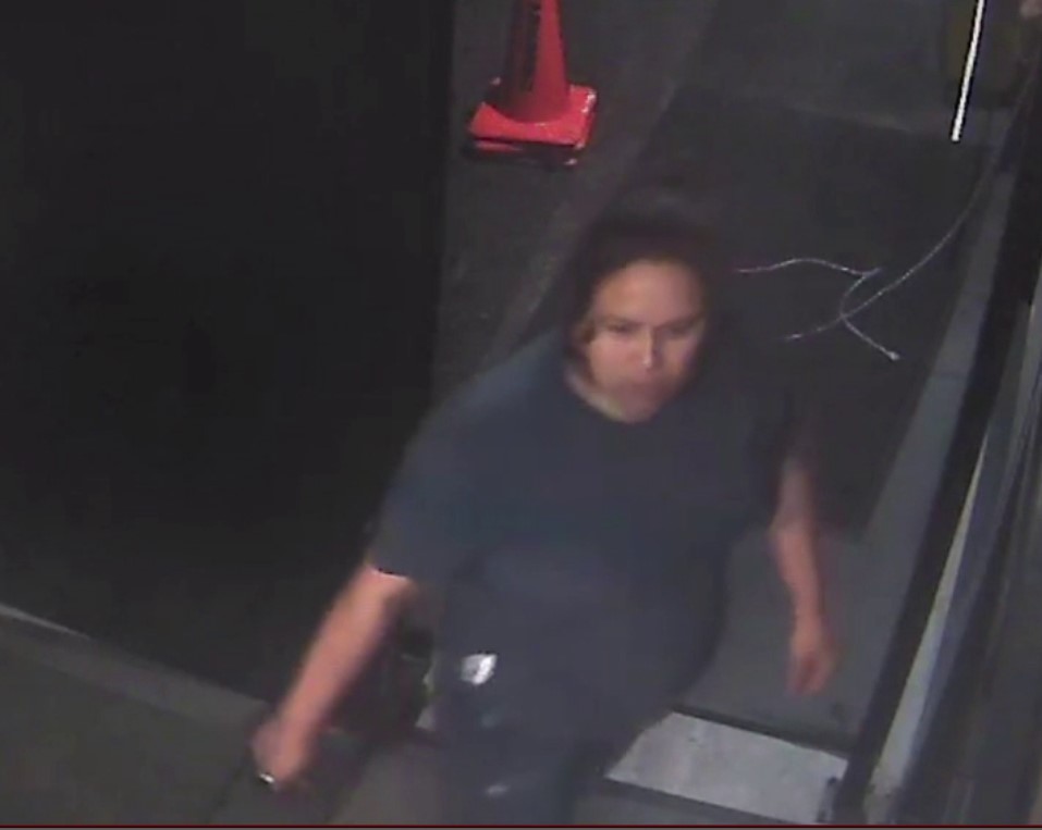 Screenshot of surveillance video showing female in blue shirt.