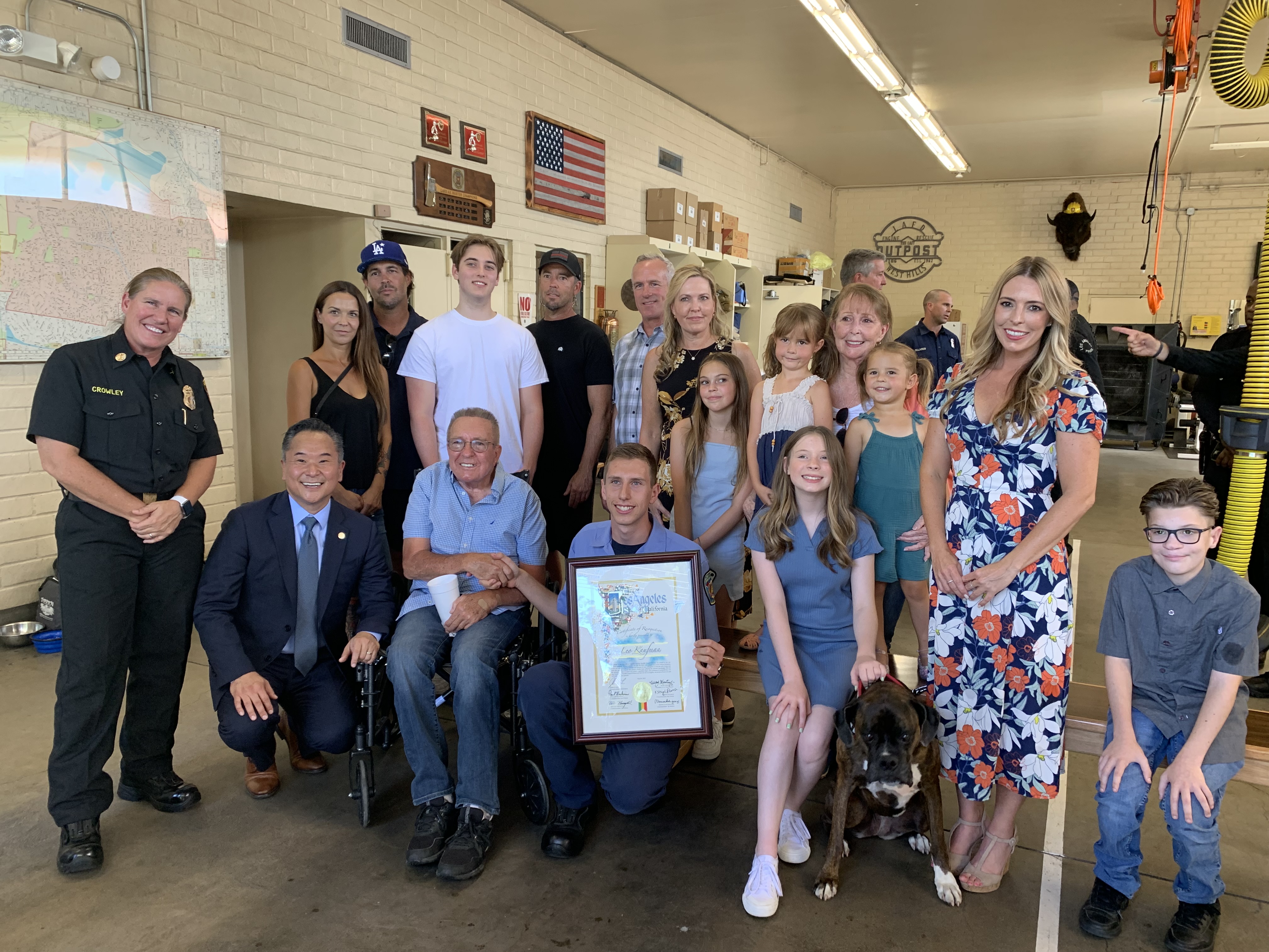 Group photo with Cadet Kaufman and family with Mr Platt and family and LAFD members