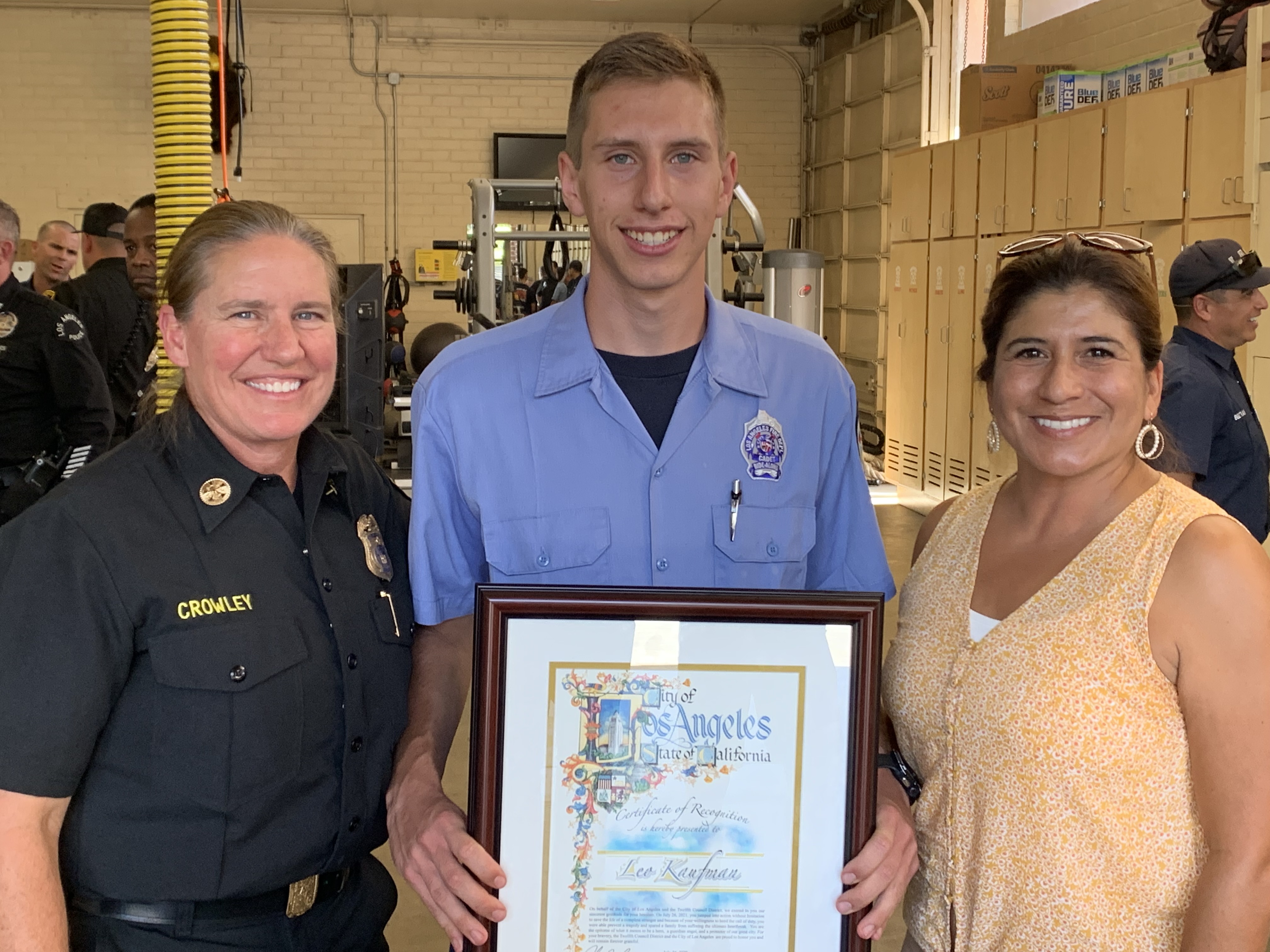 Cadet Leo Kaufman pictured with Fire Chief Crowley 