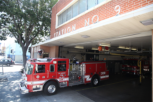 Fire Engine exiting the front of LAFD Station 9