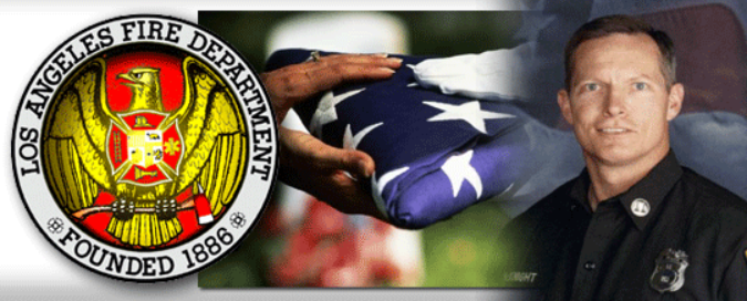  Image of the LAFD Seal, folded American Flag, and head shot of Captain McKnight.