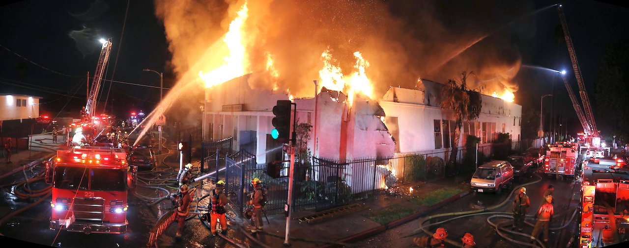 Victory Baptist Church in Los Angeles is seen during a September 11, 2022 arson fire that destroyed the house of worship and injured three firefighters.