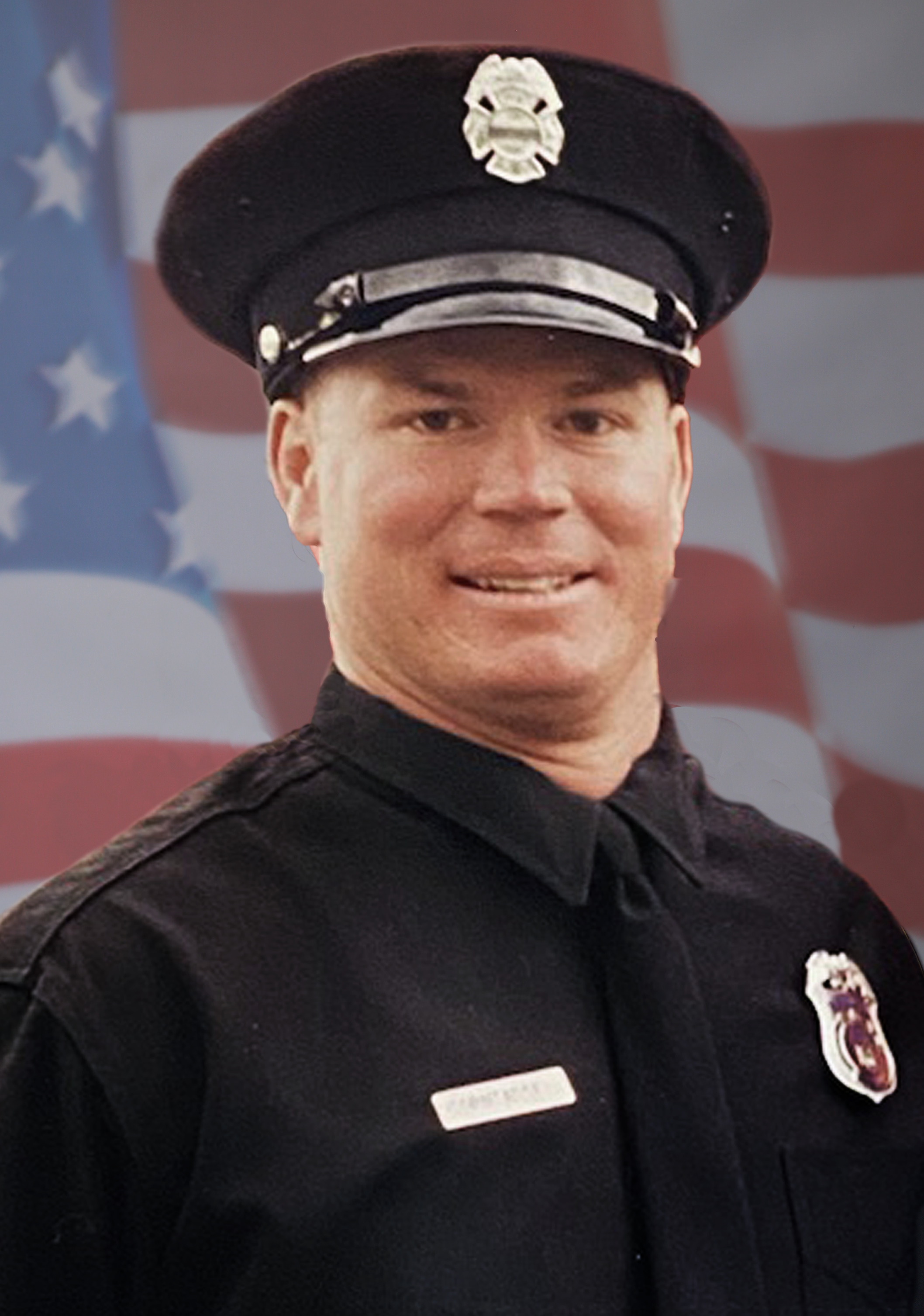 Photo of Firefighter Corntassel in dress uniform, with soft cap.