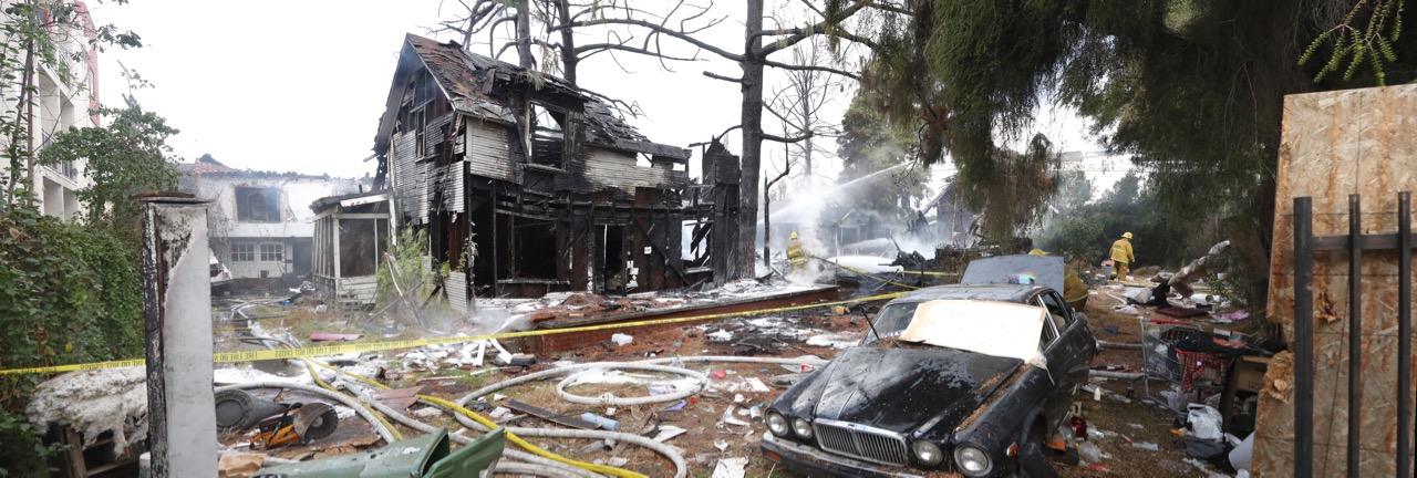 View of a January 22, 2021 fire in the 1200 block of North Bronson in Hollywood that damaged five residential buildings and injured four persons.