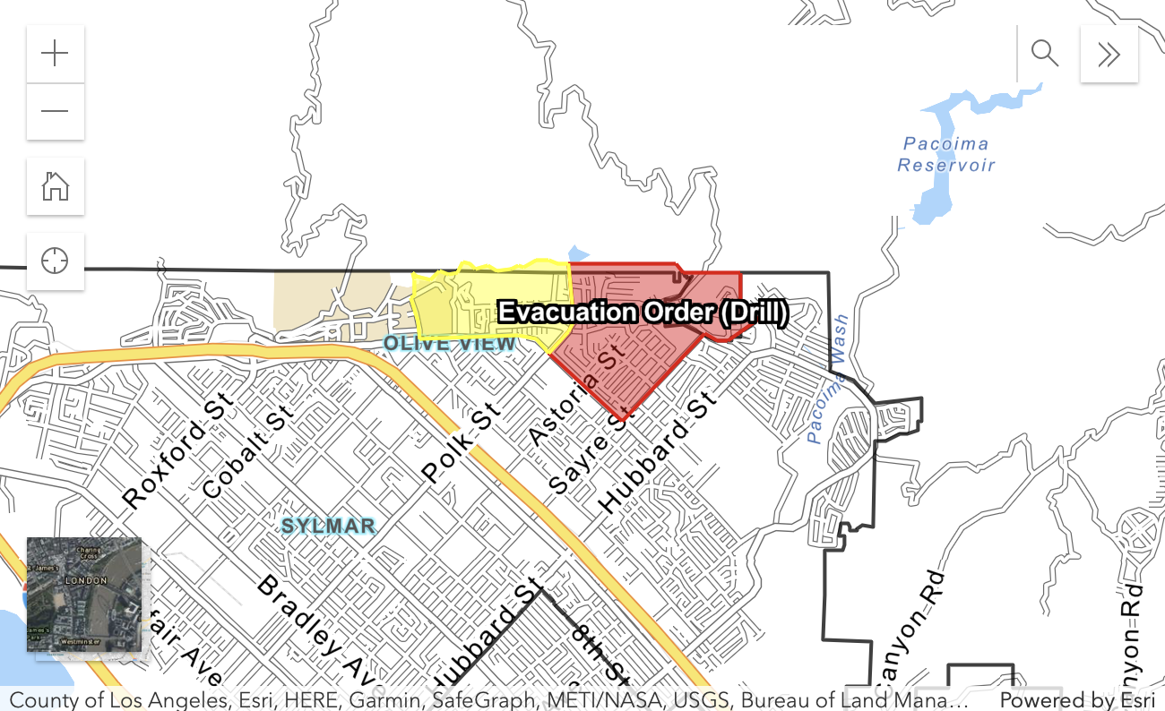 Sample evacuation map (not interactive) showing "Evacuation Orders" (mandatory) in red and "Evacuation Warning" in yellow. 